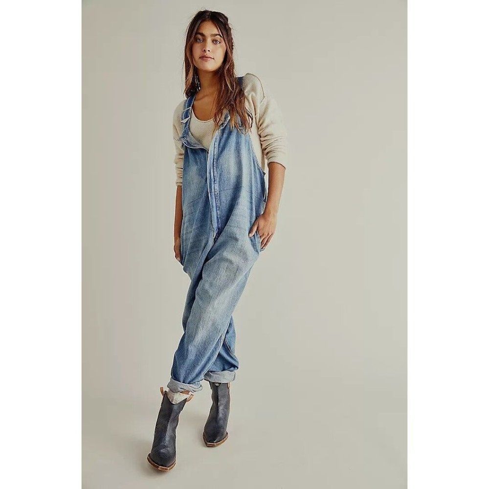 NWT FREE PEOPLE Sz M HUNTER DENIM OVERALLS IN CENTURY BLUE